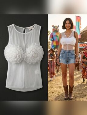 NWT VRG GRL White Tulle Sheer Mesh Tank Top - 3D Rosette Floral - Size 8